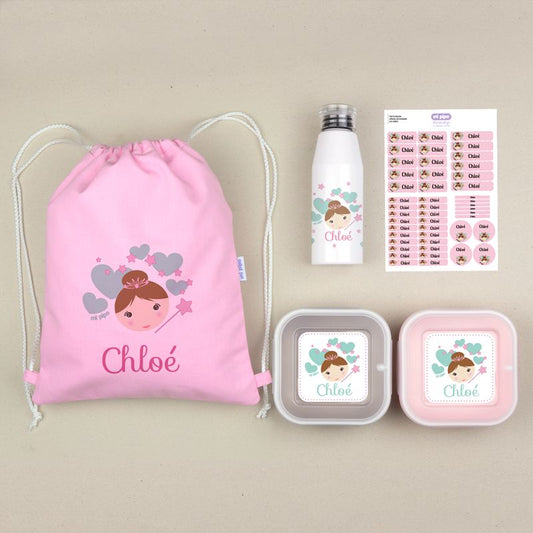 NUEVO Pack Mi Equipo para el Cole con Petate Hada personalizado + Regalo Etiquetas objetos