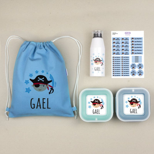 NUEVO Pack Mi Equipo para el Cole con Petate Pirata personalizado + Regalo Etiquetas objetos