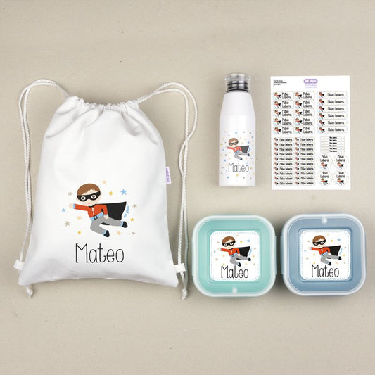 NUEVO Pack Mi Equipo para el Cole con Petate Superhéroe personalizado + Regalo Etiquetas objetos