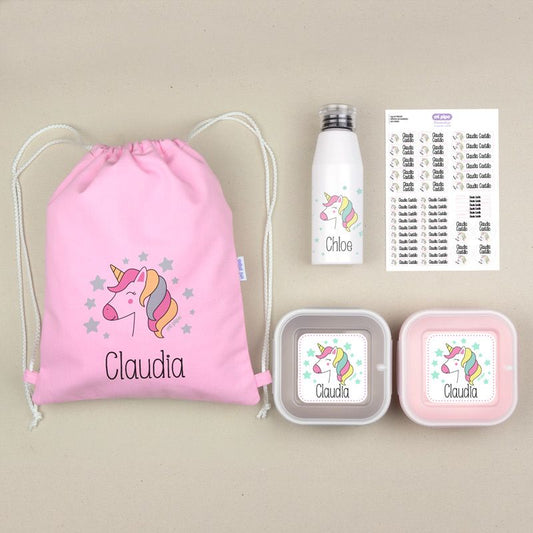 NUEVO Pack Mi Equipo para el Cole con Petate Unicornio personalizado + Regalo Etiquetas objetos