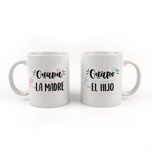 Pack Tazas cerámica o plástico Guapa la Madre, Guapo el Hijo