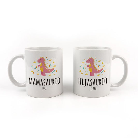 Pack Tazas cerámica o plástico Personalizada Mamasuario, Hijasaurio