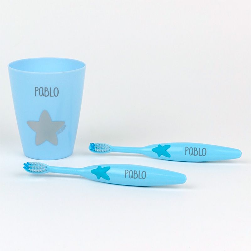 Set 2 Cepillos de dientes y Vasito Personalizados Azul