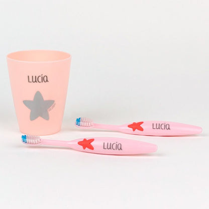 Set 2 Cepillos de dientes y Vasito Personalizados Rosa