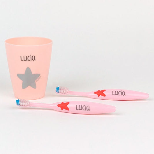 Set 2 Cepillos de dientes y Vasito Personalizados Rosa