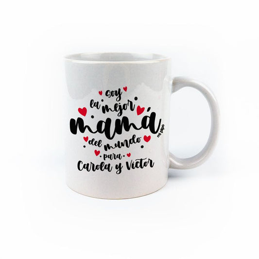 Taza cerámica o plástico Mamá Soy la mejor mamá del mundo para corazones lunares personalizada