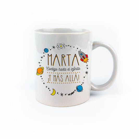Taza cerámica o plástico (Nombre) contigo hasta el Infinito ¡y más allá! personalizada